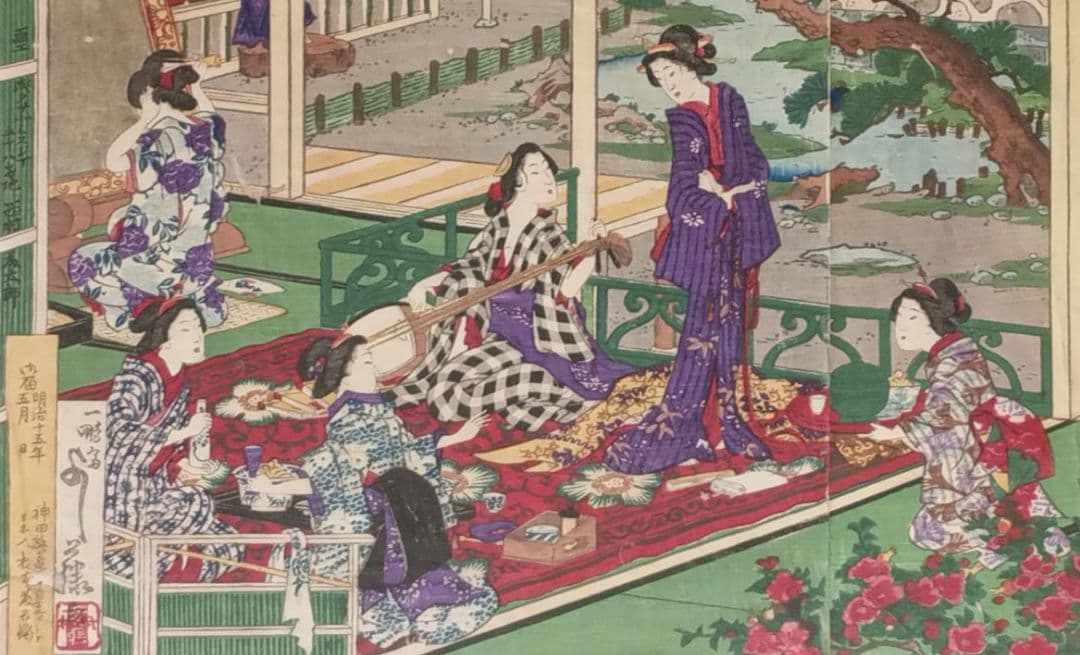 稀浮世絵版画、温泉遊客之圖三枚綴り、歌川芳藤画明治15年出版