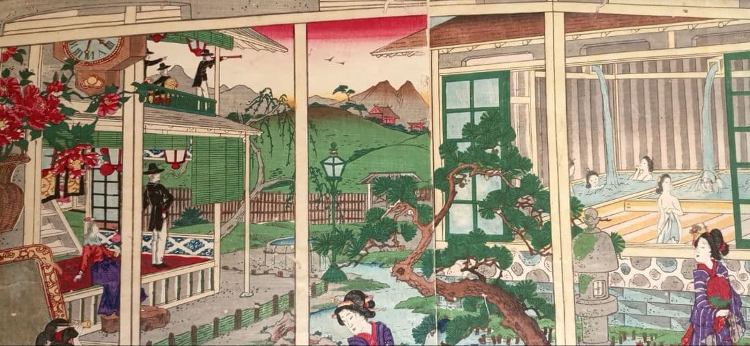 稀浮世絵版画、温泉遊客之圖三枚綴り、歌川芳藤画明治15年出版
