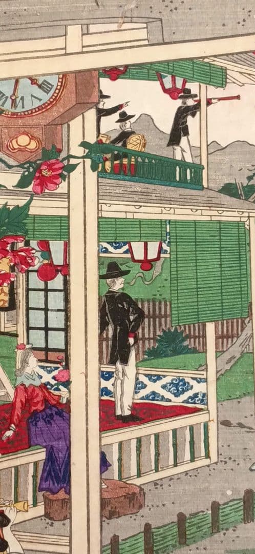 稀浮世絵版画、温泉遊客之圖三枚綴り、歌川芳藤画明治15年出版