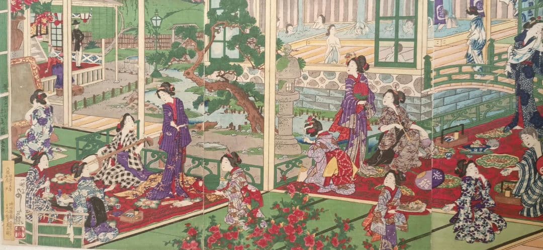 稀浮世絵版画、温泉遊客之圖三枚綴り、歌川芳藤画明治15年出版