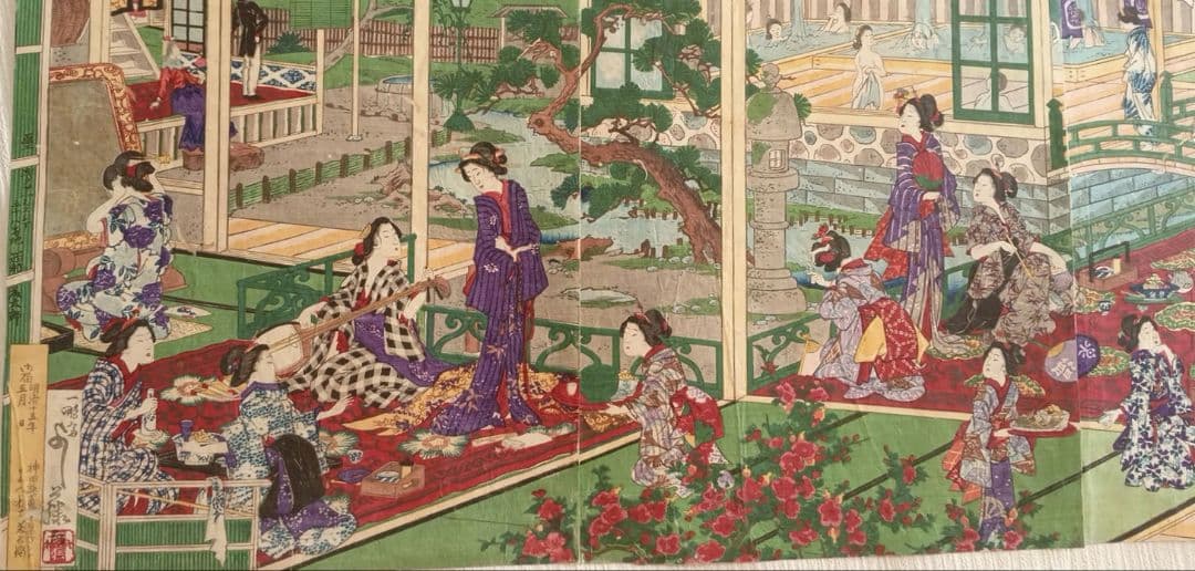 稀浮世絵版画、温泉遊客之圖三枚綴り、歌川芳藤画明治15年出版
