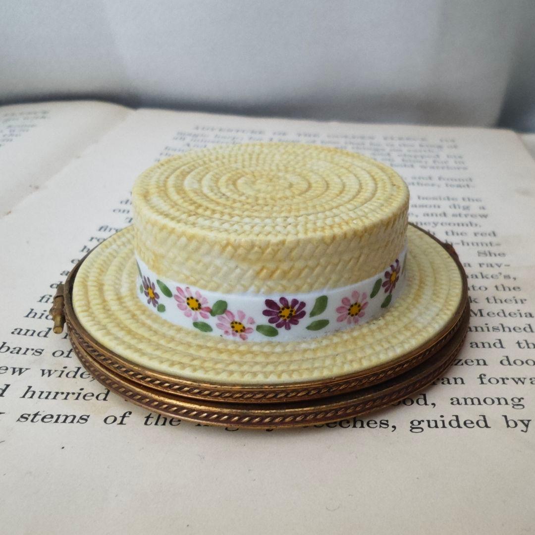 【難あり】リモージュボックス　カンカン帽　麦わら帽子　フランス製　ミニチュア