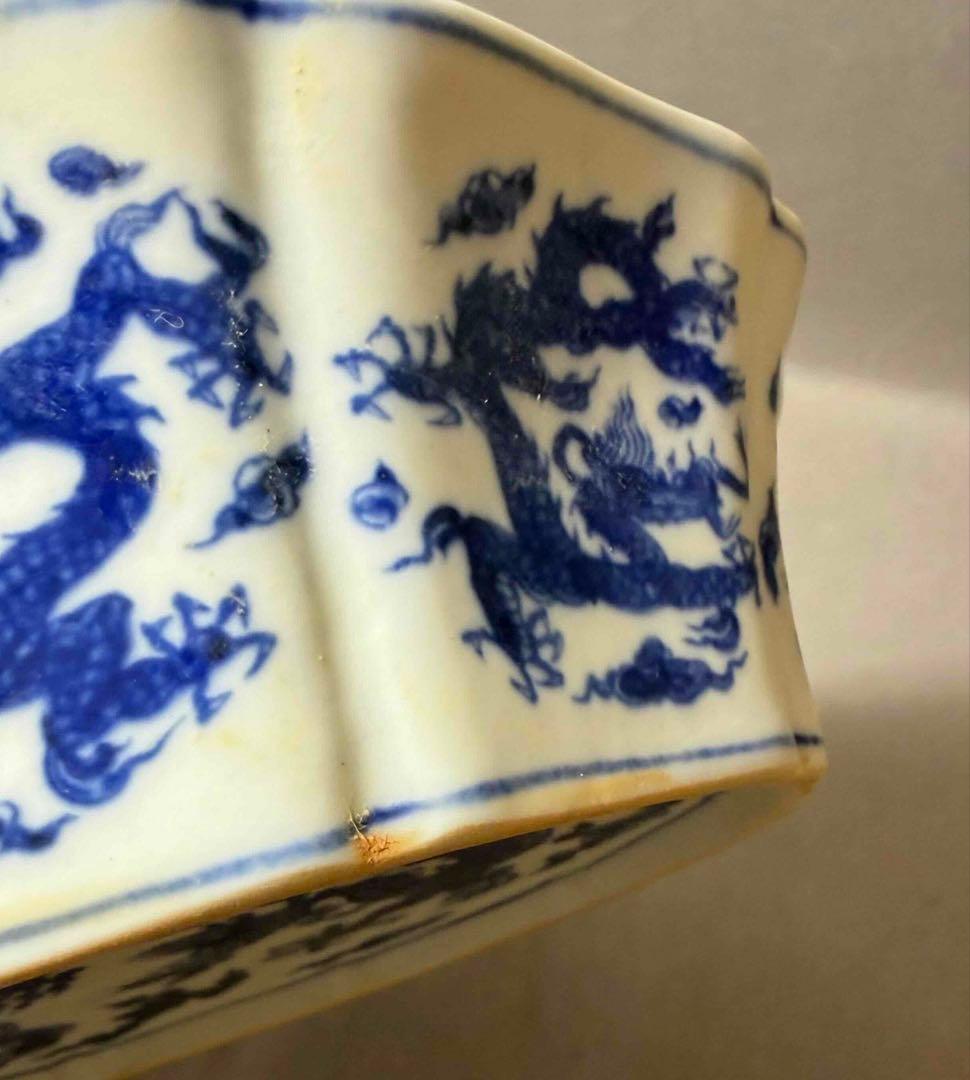 中国 染付龍の絵十菱盤　f2260103