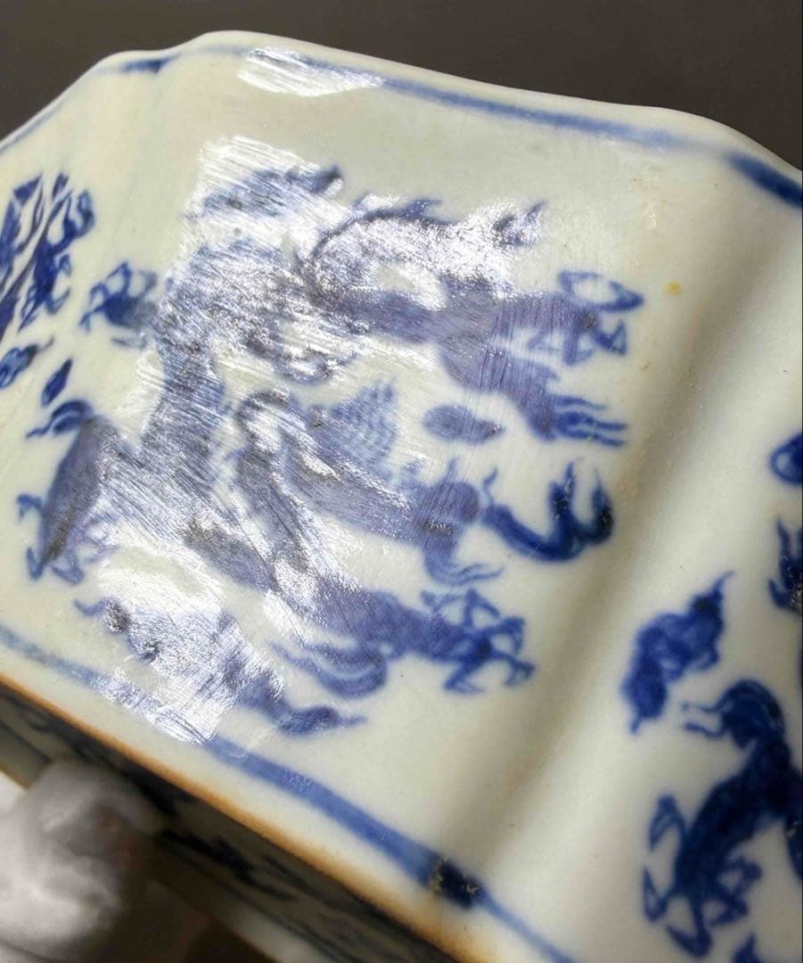 中国 染付龍の絵十菱盤　f2260103