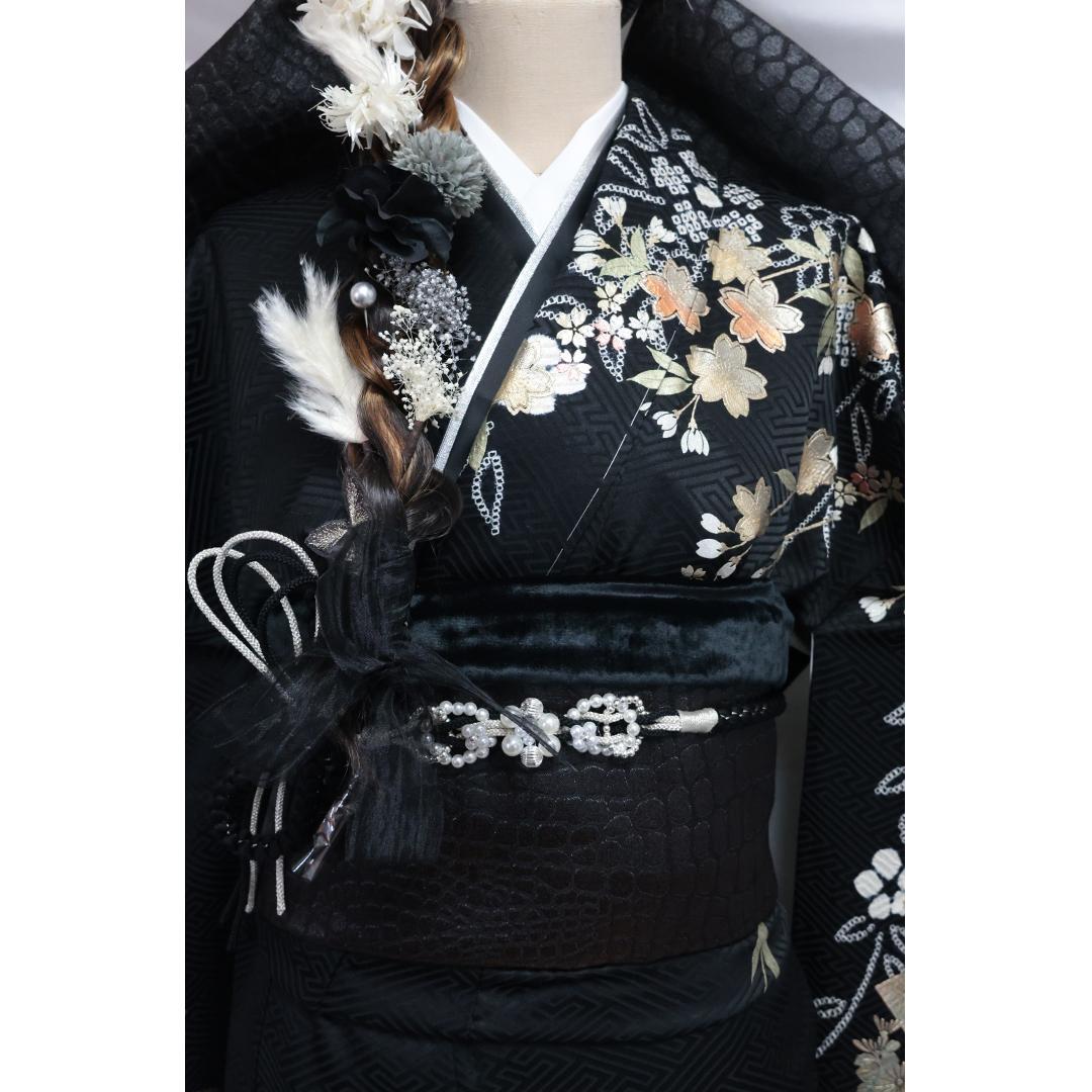 新古品◆ 人気絞り◆黒 丈159cm振袖6点セット ◆正絹フルセット07NJ