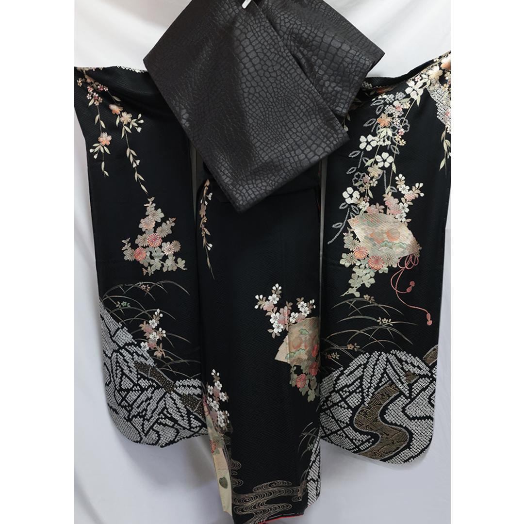新古品◆ 人気絞り◆黒 丈159cm振袖6点セット ◆正絹フルセット07NJ
