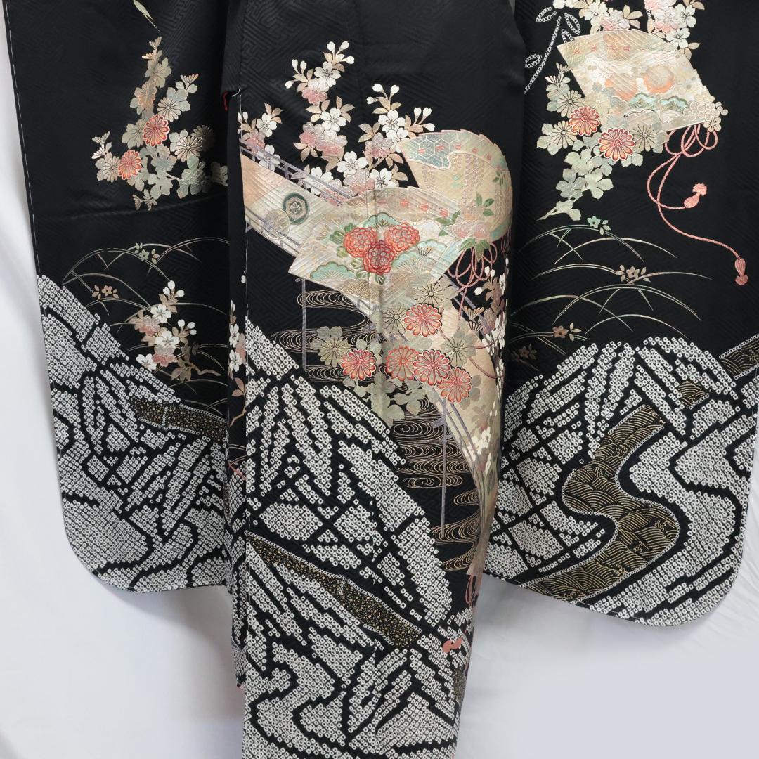 新古品◆ 人気絞り◆黒 丈159cm振袖6点セット ◆正絹フルセット07NJ