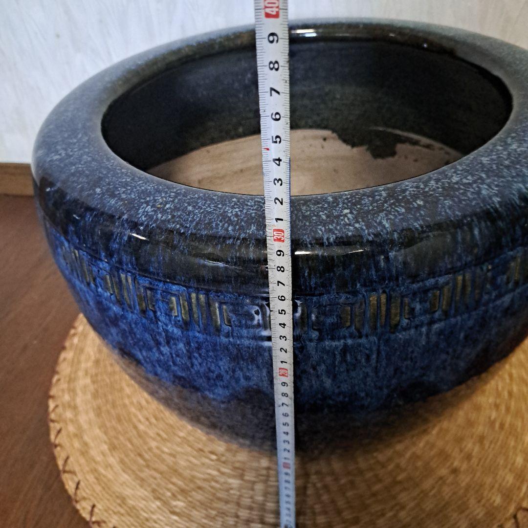 大正～昭和レトロ「信楽焼・青色海鼠(ナマコ)丸火鉢」