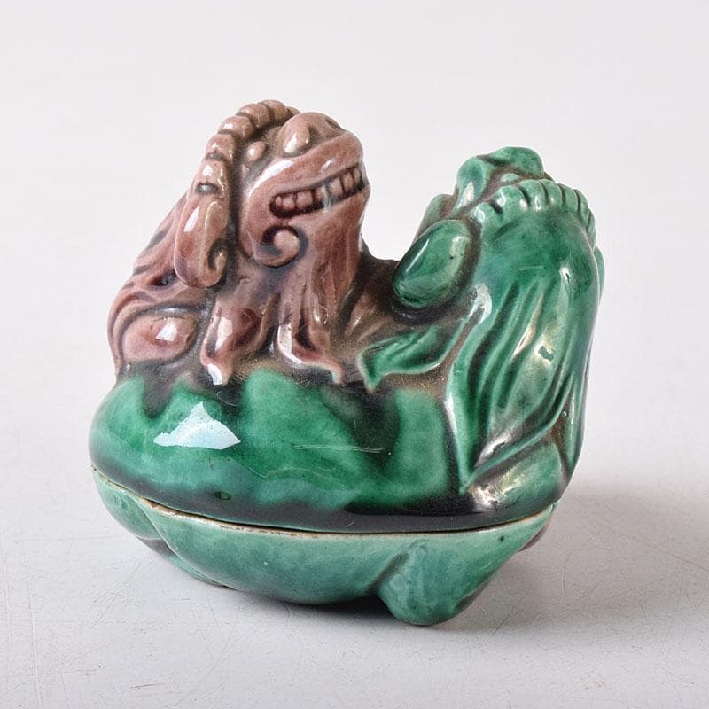 茶道具　九谷焼　九谷岩花造　色絵　獅子　香合　共布　共箱　V　R8226