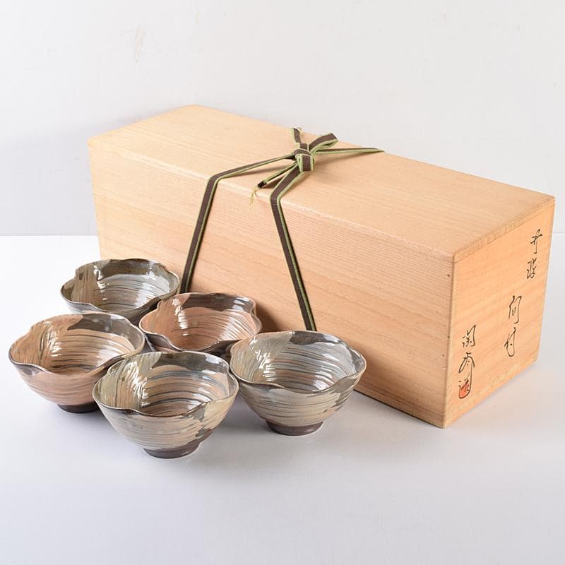 和食器　丹波焼　森本陶谷造　輪花向付　五客　共箱　V　R7729B