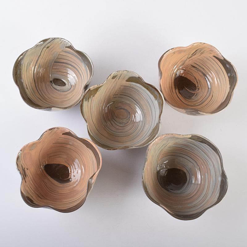 和食器　丹波焼　森本陶谷造　輪花向付　五客　共箱　V　R7729B