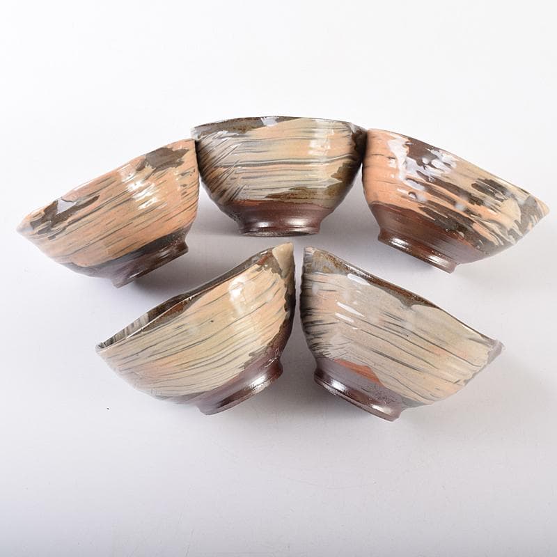 和食器　丹波焼　森本陶谷造　輪花向付　五客　共箱　V　R7729B