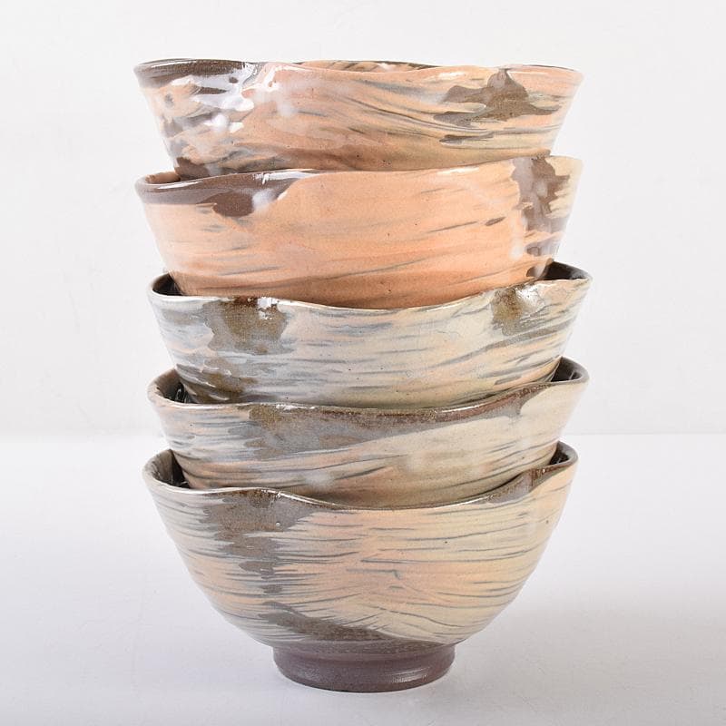 和食器　丹波焼　森本陶谷造　輪花向付　五客　共箱　V　R7729B