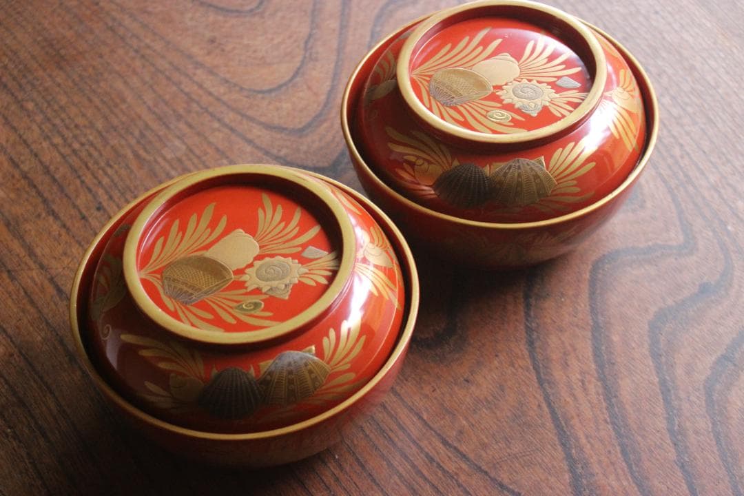 時代逸品！時代金縁朱漆に極上貝尽くし蒔絵の映えるお椀2点（検輪島塗雑煮椀