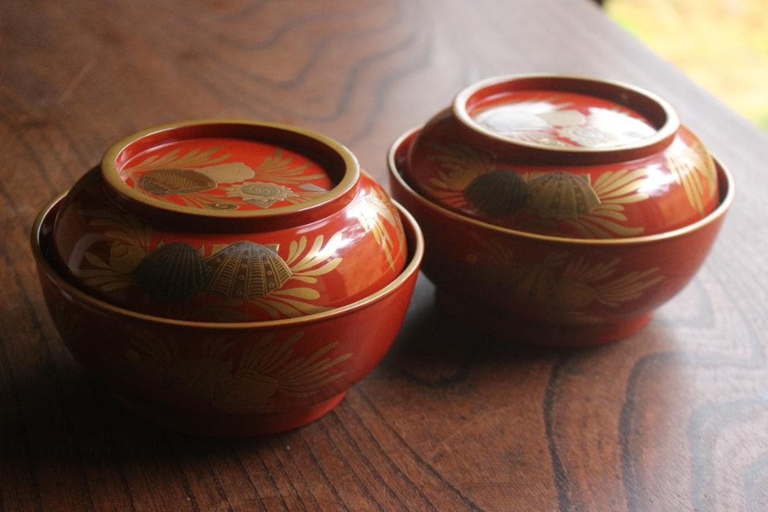 時代逸品！時代金縁朱漆に極上貝尽くし蒔絵の映えるお椀2点（検輪島塗雑煮椀