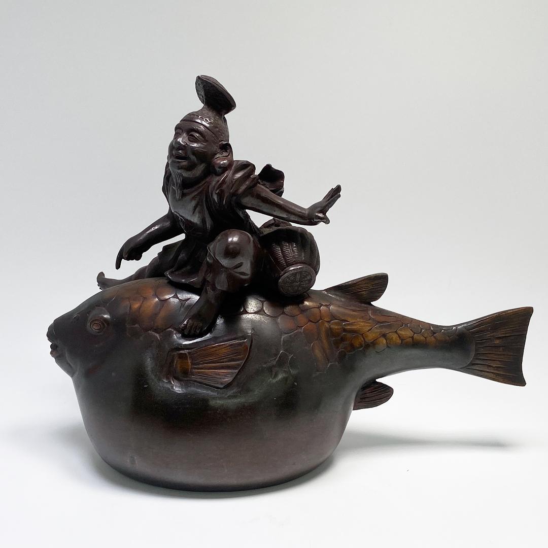 希少 高村泰正 作 唐銅製 河豚 恵比寿様 のったり 置物