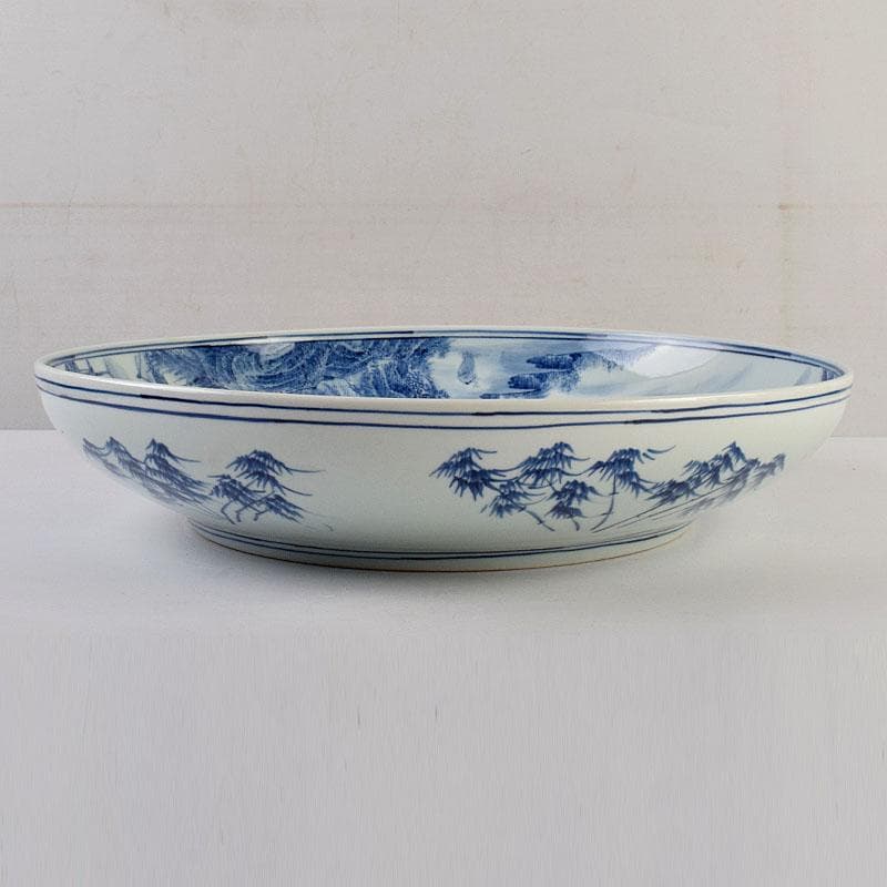 中国　景徳鎮　倣大清康煕年製　青花山水文　大鉢　大皿　C　8942A