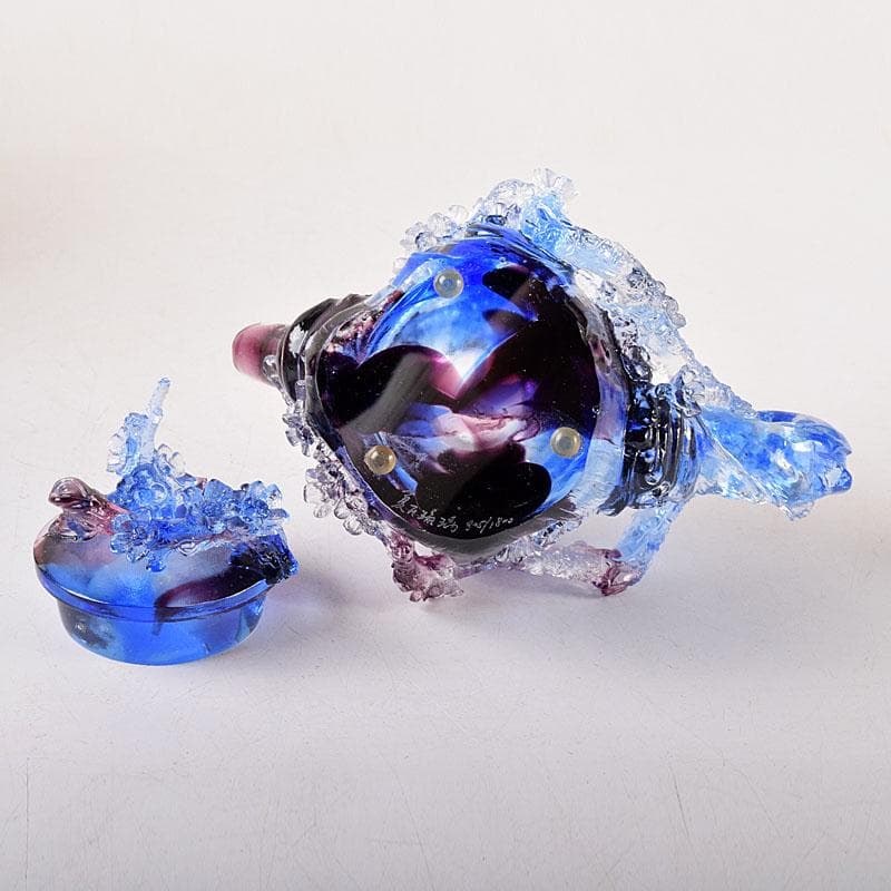 中国　ガラス工芸　琉璃夏氏　花彫刻　急須型　置物　箱・証明書付　C　8201