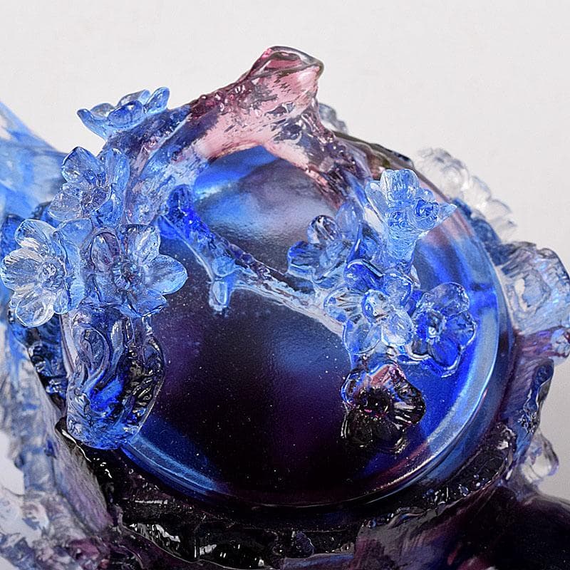 中国　ガラス工芸　琉璃夏氏　花彫刻　急須型　置物　箱・証明書付　C　8201