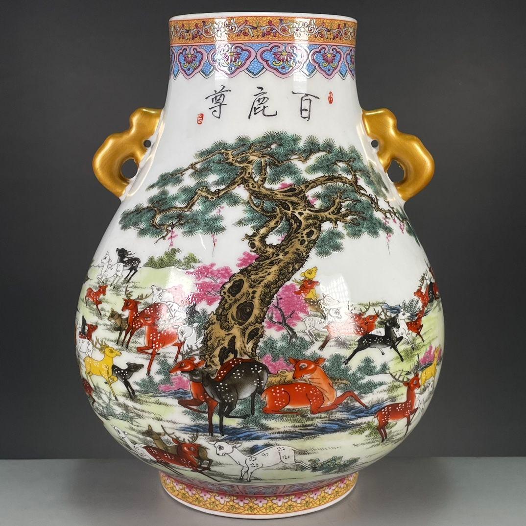 清乾隆粉彩蒔金百鹿図尊瓶  景徳鎮 陶磁器 装飾品 工芸品 美術品 置物