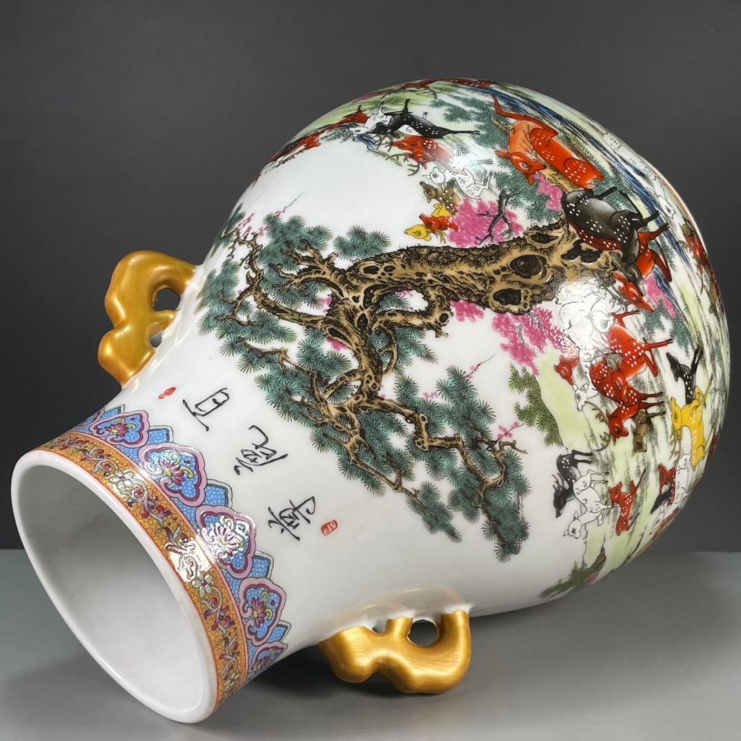 清乾隆粉彩蒔金百鹿図尊瓶  景徳鎮 陶磁器 装飾品 工芸品 美術品 置物