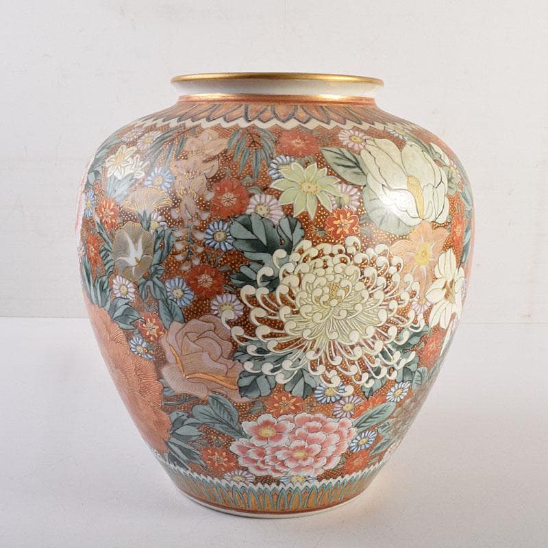 りか　九谷焼名工　九谷中田錦玉　百花繚乱 花詰文壷　花入　D　R8825H