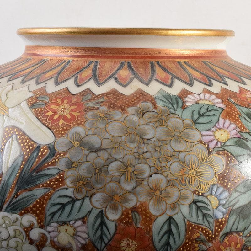 りか　九谷焼名工　九谷中田錦玉　百花繚乱 花詰文壷　花入　D　R8825H