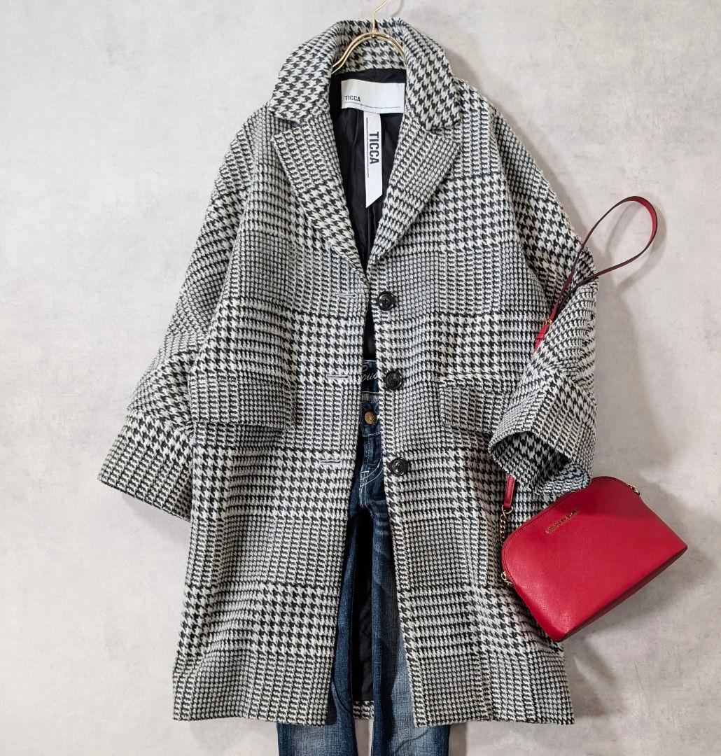 美品★TICCA グレンチェック コクーンコート ティッカ シングルコート