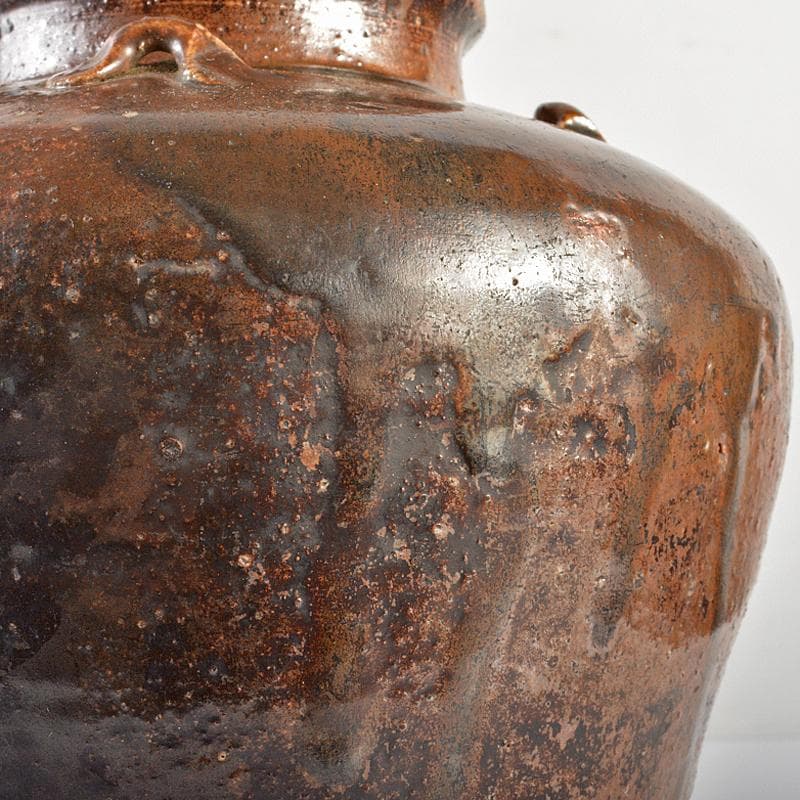 瀬戸焼　古瀬戸　四耳壷　葉茶壷　木製蓋付　高さ約24cm　時代箱　VR7341B