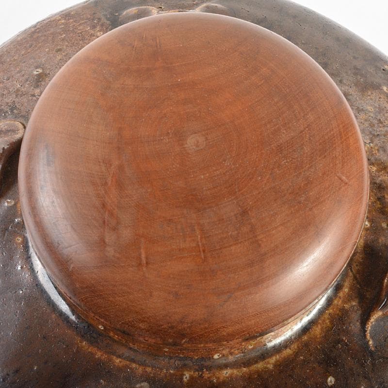 瀬戸焼　古瀬戸　四耳壷　葉茶壷　木製蓋付　高さ約24cm　時代箱　VR7341B