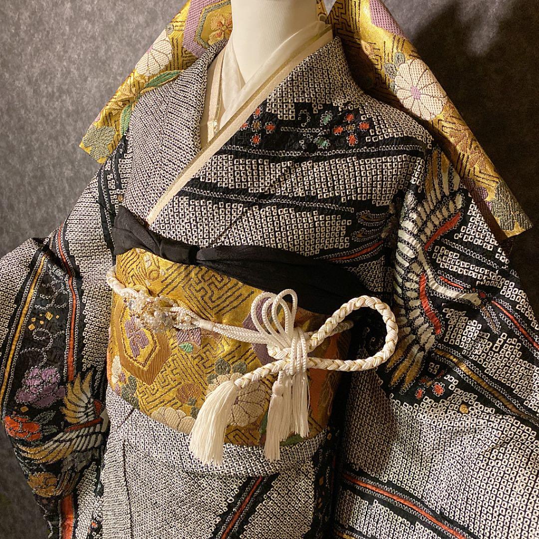 ◆豪華■正絹総絞り■吉祥飛鶴文■黒地■金彩加■振袖一式