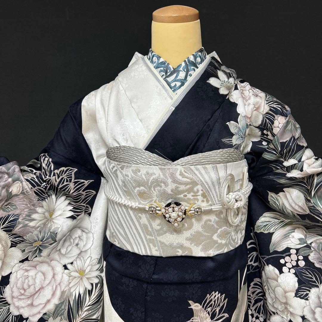 白紺染め分け牡丹のクール系振袖フルセット