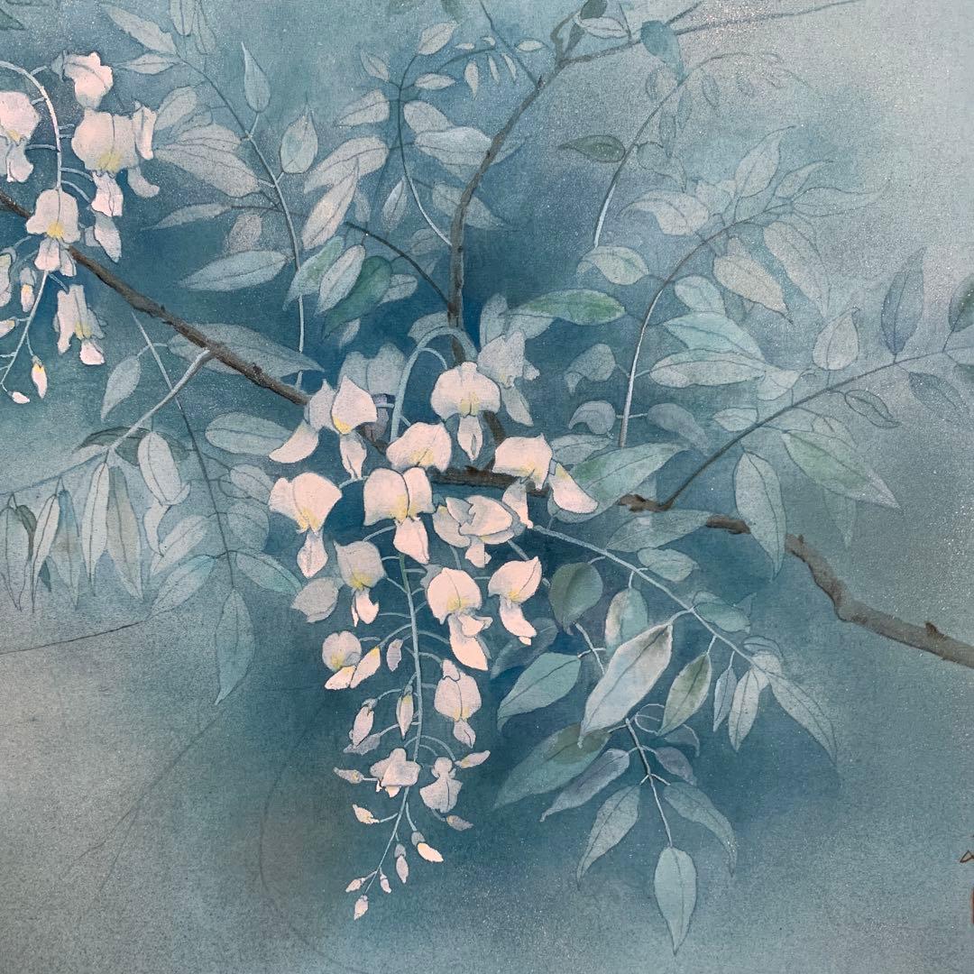 美品 掛け軸 三輪峻作 山藤図 共箱 美術年鑑掲載