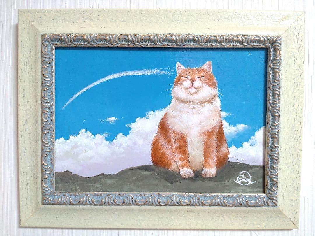 猫の油絵【ひこうき雲】1点物の原画/作者サイン入り◆額縁付属