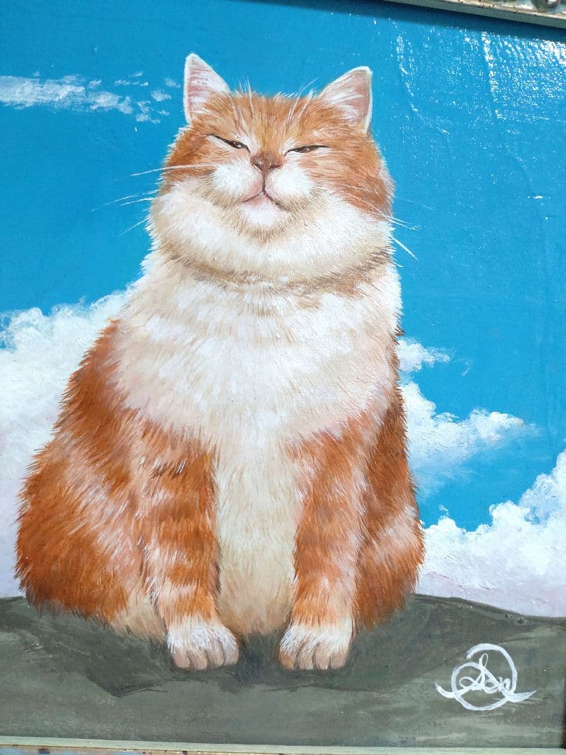 猫の油絵【ひこうき雲】1点物の原画/作者サイン入り◆額縁付属