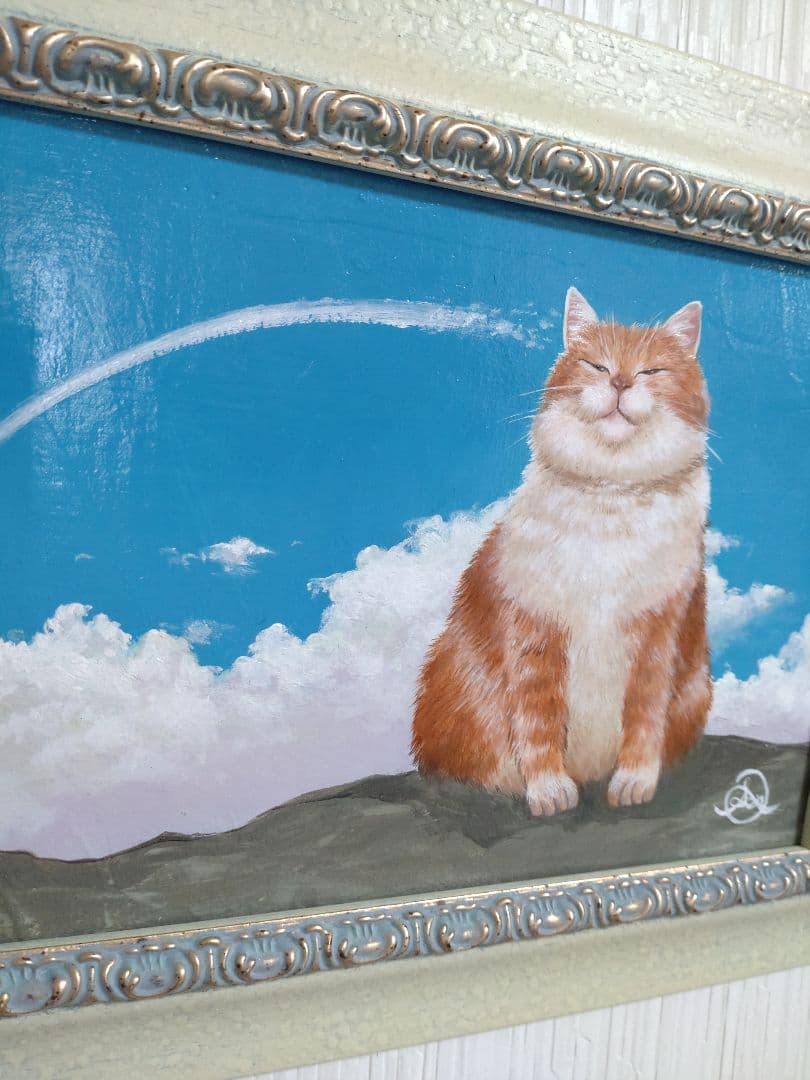 猫の油絵【ひこうき雲】1点物の原画/作者サイン入り◆額縁付属