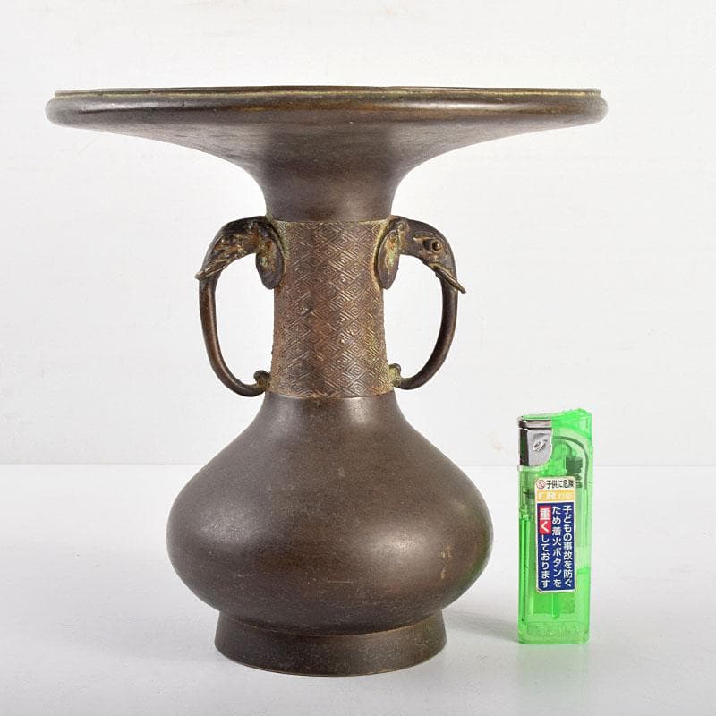 中国　大明宣徳年製款　古銅　雷文　象双耳瓶　D　R4949