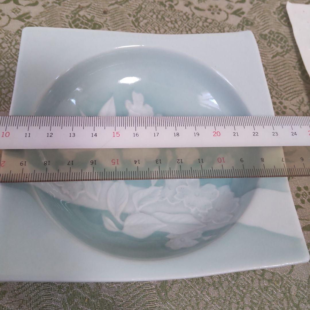 九谷焼小鉢五枚組　青白瓷桜文彫り四方　池島保雄作