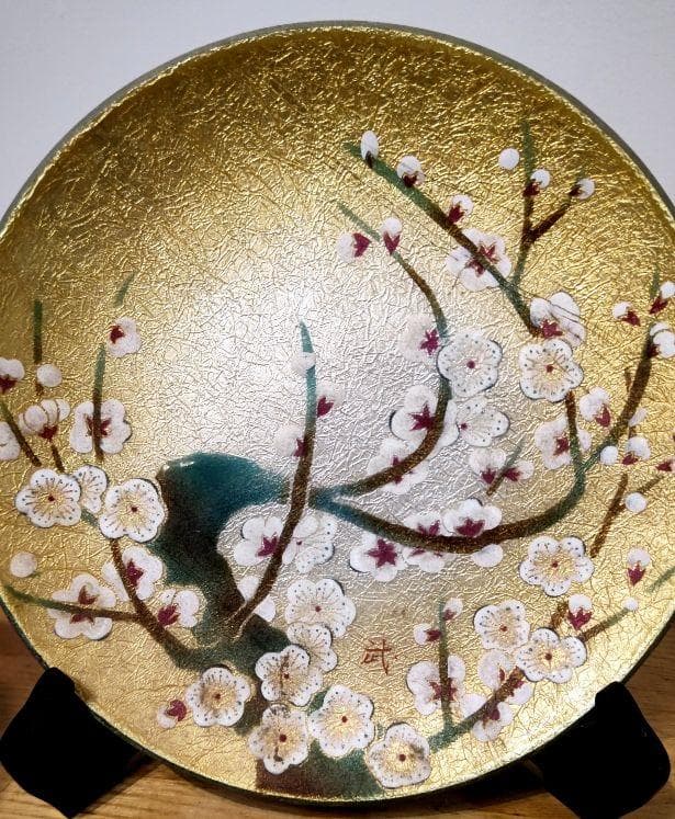 七宝焼き　銀彩　梅飾皿　金地梅 飾皿