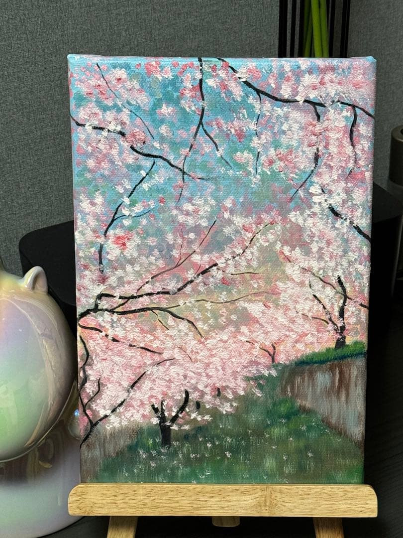 「早桜」　手描き　油絵　油彩画　風景画　原画