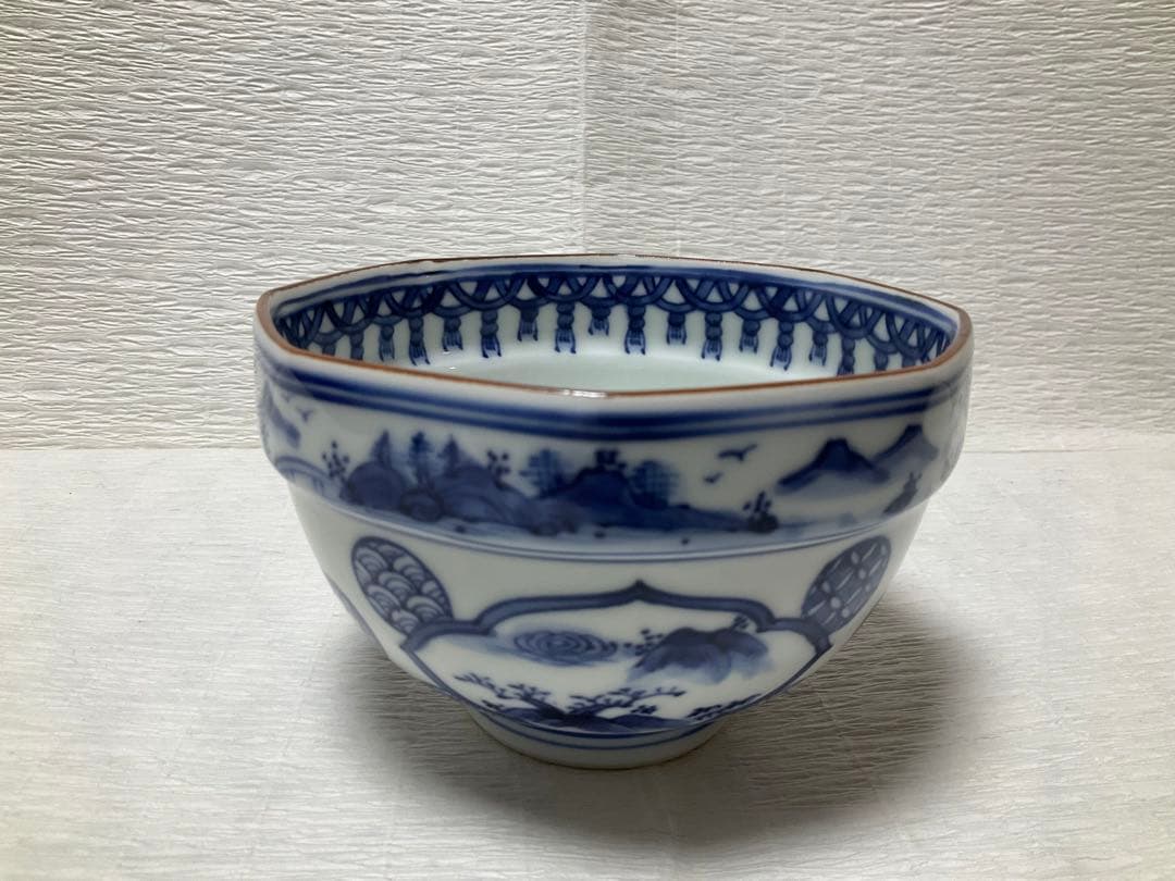 林淡幽　抹茶碗　染付木瓜山水茶盌　五山窯　共箱