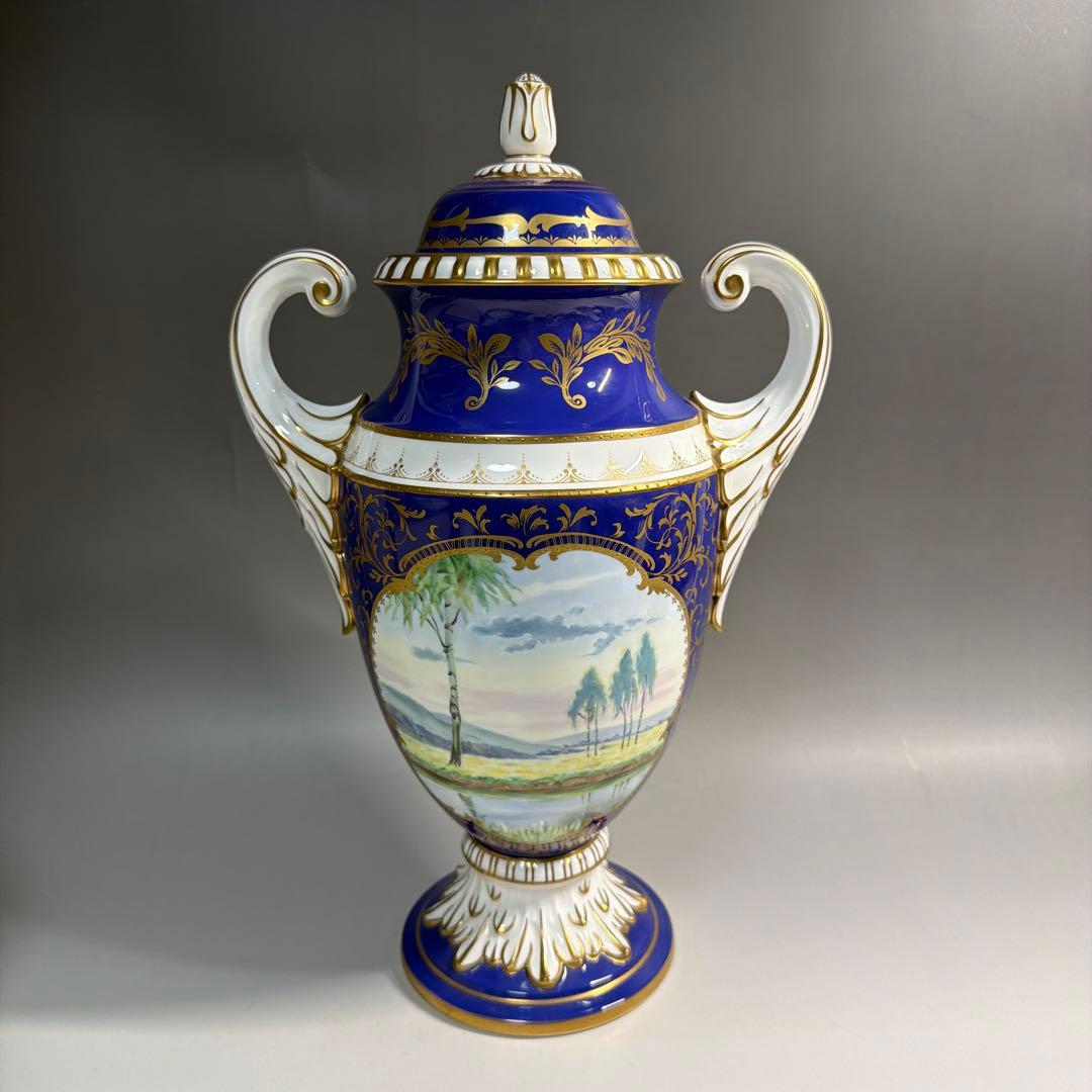 ノリタケ 飾り壺 金彩 コバルトブルー ハンドペイント 風景