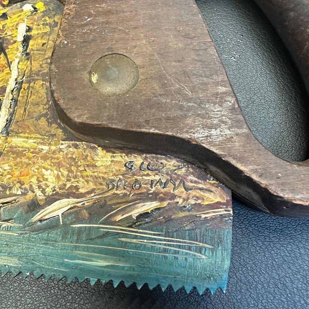 ♡Nc左1007 アンティーク 装飾用ノコギリ 風景画 木製 ヴィンテージ