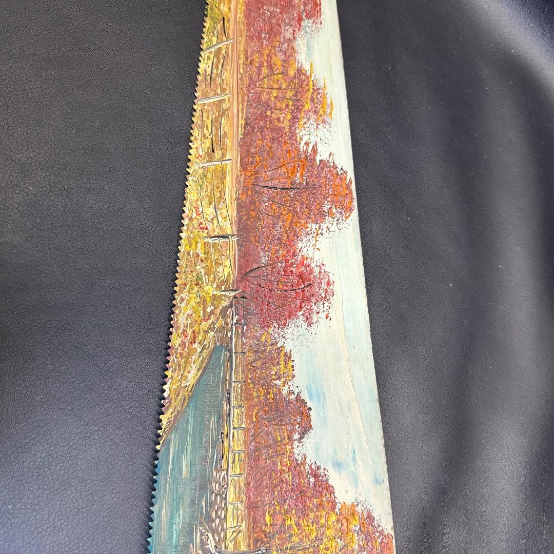 ♡Nc左1007 アンティーク 装飾用ノコギリ 風景画 木製 ヴィンテージ