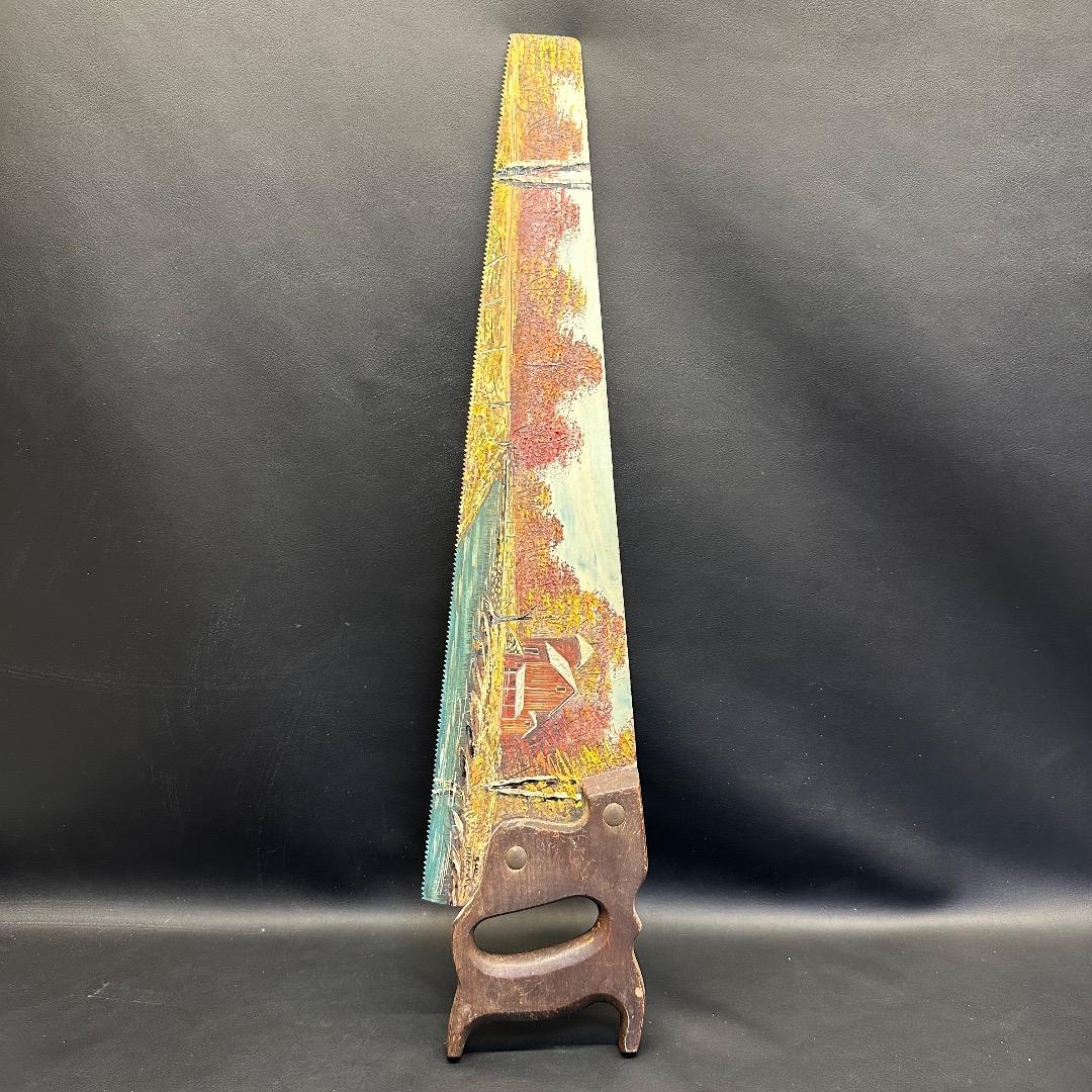 ♡Nc左1007 アンティーク 装飾用ノコギリ 風景画 木製 ヴィンテージ