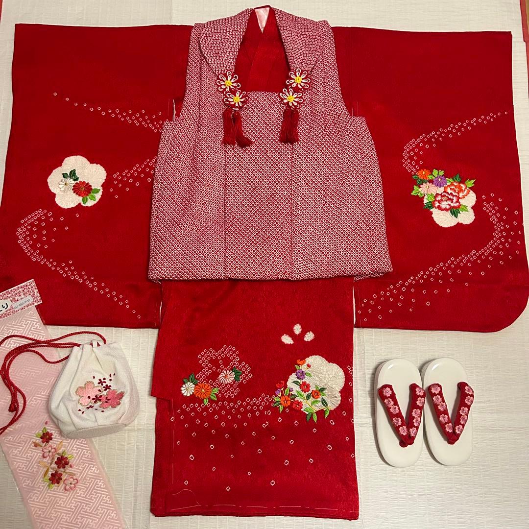 七五三 3歳 フルセット 総絞り 着物 正絹 被布 刺繍 三歳 赤 草履 753