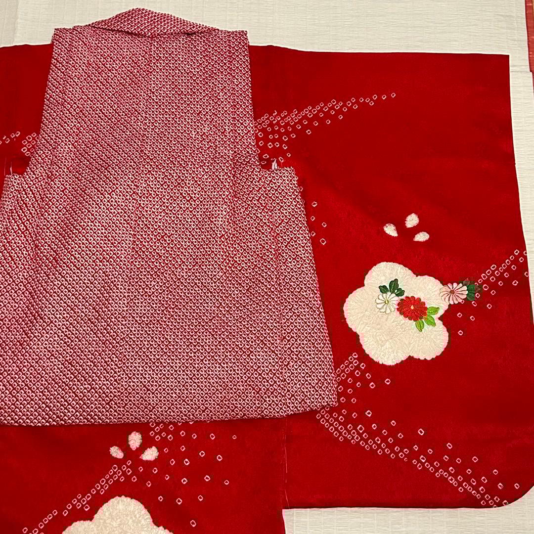 七五三 3歳 フルセット 総絞り 着物 正絹 被布 刺繍 三歳 赤 草履 753