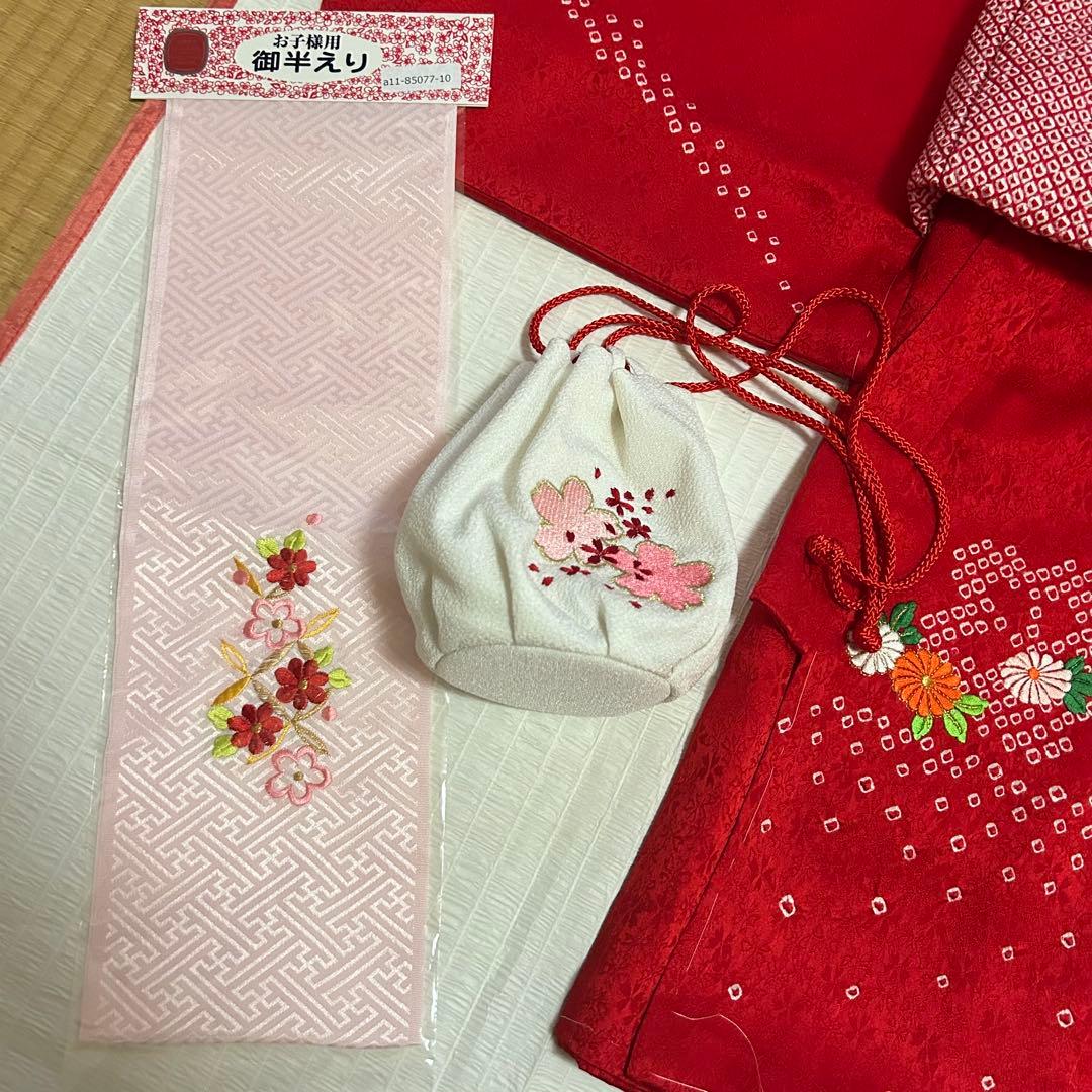 七五三 3歳 フルセット 総絞り 着物 正絹 被布 刺繍 三歳 赤 草履 753