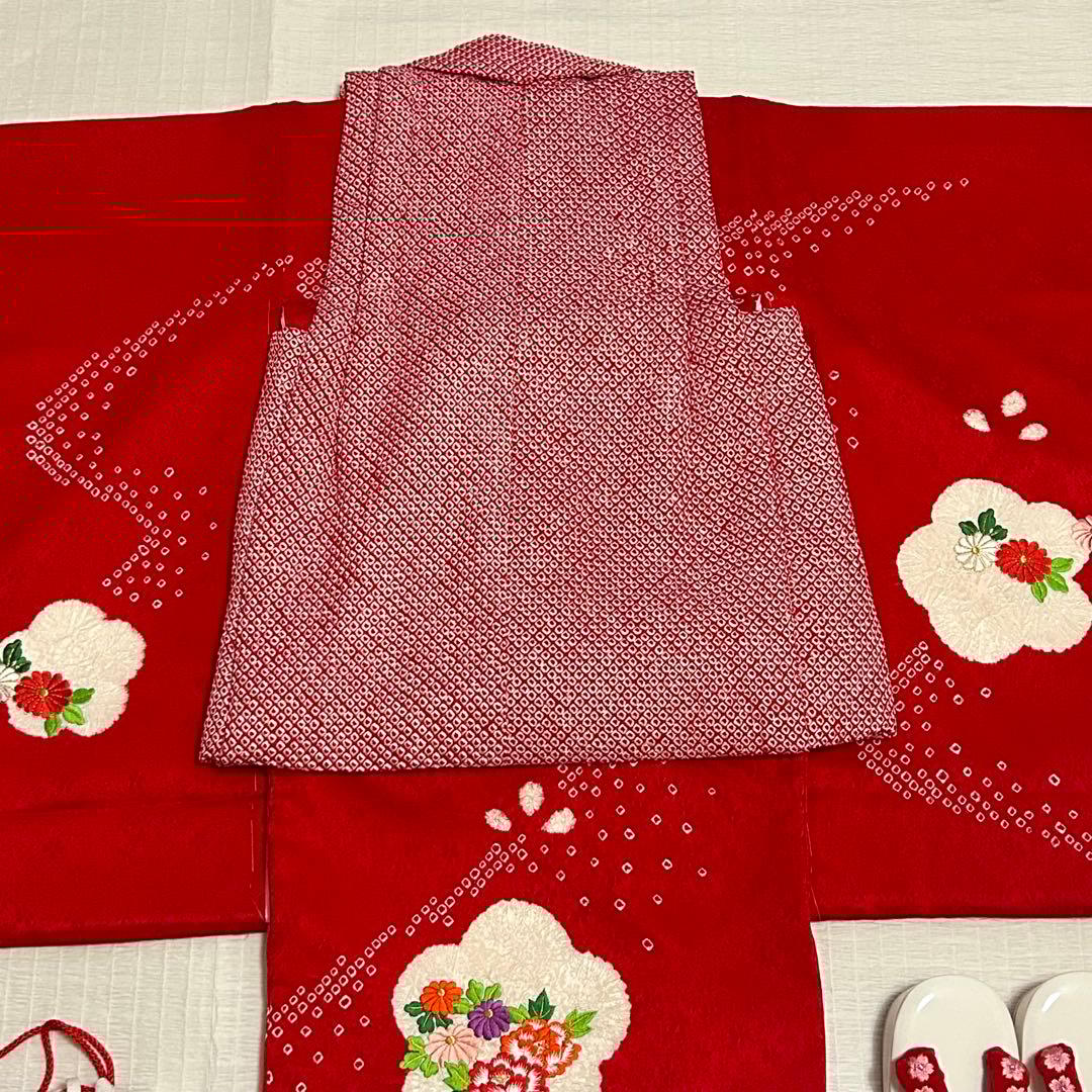 七五三 3歳 フルセット 総絞り 着物 正絹 被布 刺繍 三歳 赤 草履 753