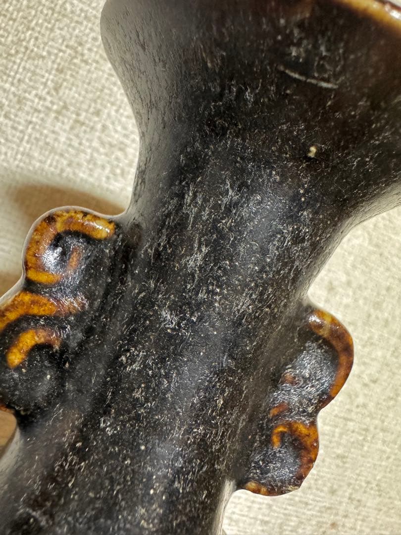 中国骨董　漢ー唐　黒釉褐釉　耳付瓶仏前供養瓶　時代物　唐物　古美術(N-3)